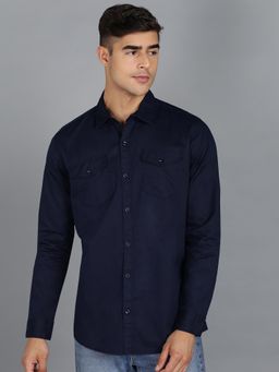Urbano Fashion - Men Navy Blue Cotton Slim Fit Casual Solid Shirt