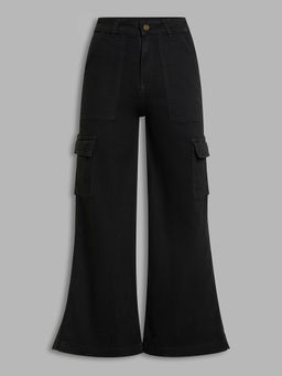 Miss Chase - Women Black Wide Leg High Rise Stretchable Denim Cargo Jeans