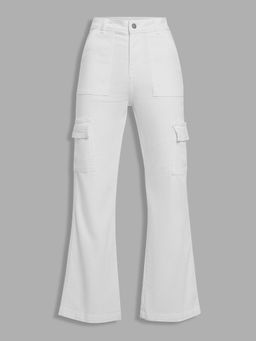 Miss Chase - Women White Wide Leg High Rise Stretchable Denim Cargo Jeans