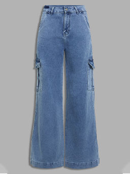 Miss Chase - Women Light Blue Wide Leg Stretchable Flared Cargo Style Denim Jeans