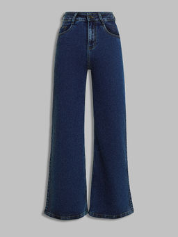 Miss Chase - Women Mid Blue Wide Leg High Rise Mildly Stretchable Denim Jeans