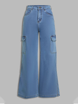 Miss Chase - Women Blue Wide Leg High Rise Stretchable Cargo Denim Jeans