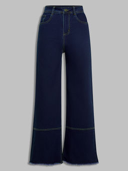 Miss Chase - Women Navy Blue Wide Leg High Rise Stretchable Denim Jeans