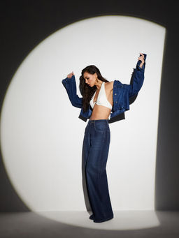 Miss Chase - Women Navy Blue Wide-Leg High-Rise Clean-Look Regular-Length Denim Jeans