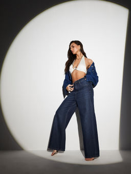 Miss Chase - Women Navy Blue Wide-Leg High-Rise Clean-Look Regular-Length Jeans