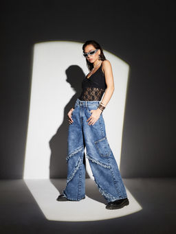 Miss Chase - Women Navy Blue Wide-Leg High-Rise Regular-Length Jeans