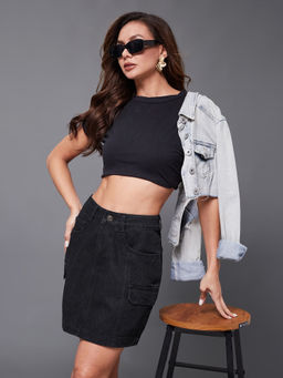 Miss Chase - Women's Black Straight High Rise Clean Look Mini Denim Skirt