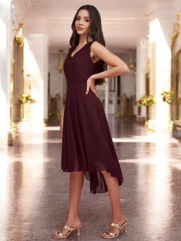 Miss Chase - Women's Wine Solid High-Low Midi Skater Dress