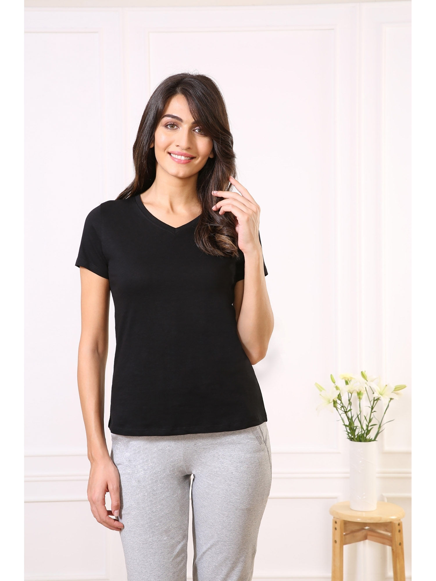 van heusen Women V-Neck & Short Sleeve Lounge T-Shirt - Black-picture-14