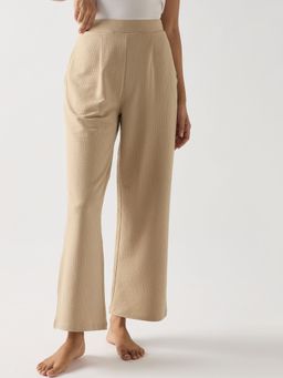 Femmella - Beige Seersucker Cotton Knit Straight Pants
