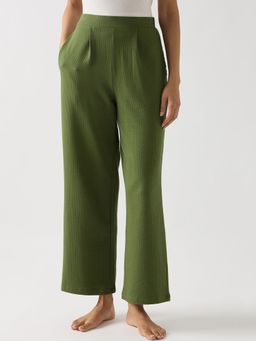 Femmella - Green Seersucker Cotton Knit Straight Pants