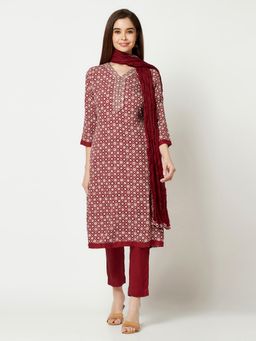 Imara - Red Daabu Print A Line Kurta with Pant & Dupatta (Set of 3)