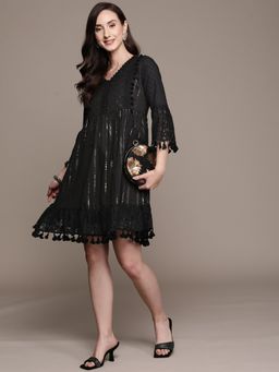 ISHIN - Womens Black Lurex Embellished A-Line Dress