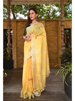 Beatitude - Yellow Shade Embroidered Linen Saree with Unstitched Blouse Zari Border