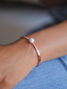 Tora - Solene 92.5 Silver Pearl Kada Bracelet for Women Rose Gold