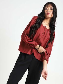 Sera - Rust Cotton Nylon Puff Sleeve Top