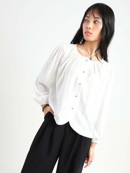 Sera - White Cotton Nylon Puff Sleeve Top