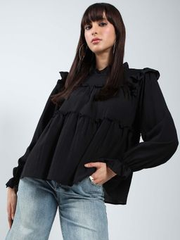 Sera - Black Ruffled Tiered Long Sleeve Flowy Top