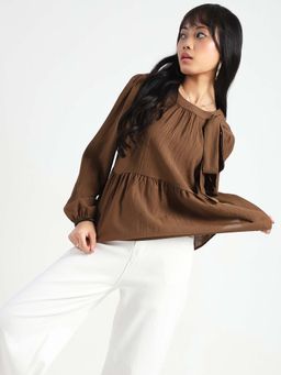 Sera - Brown Cotton Peplum Korean Top