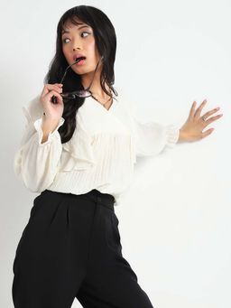 Sera - Off White Cotton Ruffled Korean Top