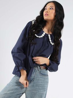 Sera - Navy Blue Cotton Oversized Korean Shirt