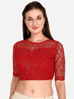 Amrutam Fab - Womens Embroidered & Sequences Work Red Net Stiched Blouse With Boat Neck