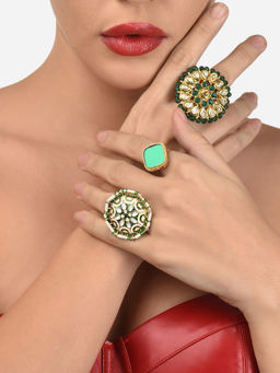 Zaveri Pearls - Set of 3 Green Traditional Kundan Adjustable Finger Rings-ZPFK12767