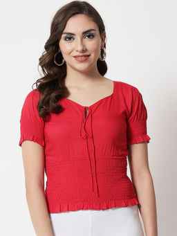 Trend Arrest - Red Regular Solid Print Smocking Top