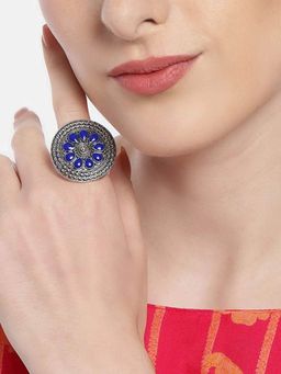 Accessher - Oxidised Silver Plated Meenakari Stones Studded Finger Ring Set of 2