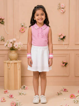 KiddoPanti - Girls Pink Cotton Knit Sleeveless Floral Top & Skort