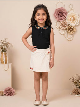 KiddoPanti - Boys Black Cotton Knit Sleeveless Floral Top & Wrap Skort
