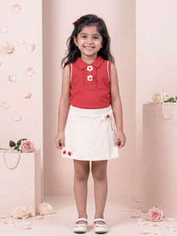 KiddoPanti - Girls Coral Cotton Knit Sleeveless Flower Top & Wrap Skort