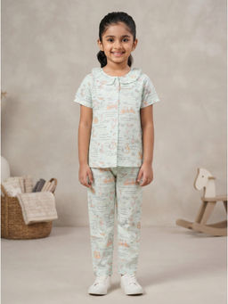 Nottie Planet - Girls Pista Green Printed Nightsuit