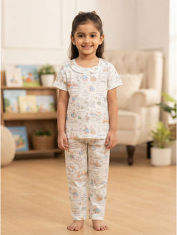 Nottie Planet - Kids White Printed Nightsuit