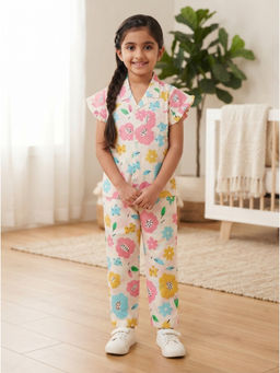 Nottie Planet - Girls Light Pink Based Printed Nightsuit