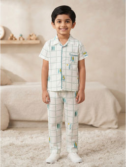 Nottie Planet - Kids White And Blue Printed Nightsuit