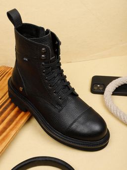 EZOK - Black Casual Leather Lace-Up Boots for Men