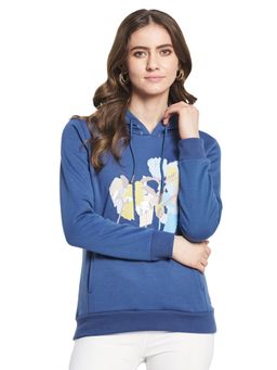 Monte Carlo - Women Polyester Blend Blue Floral Hooded Sweatshirt