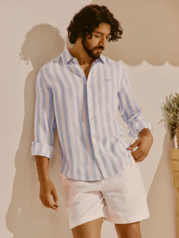 Andamen - Men Cotton Linen Embroidered Slim Fit Blue Shirt