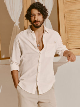 Andamen - Men Cotton Viscose Embroidered Regular Off White Fit Shirt