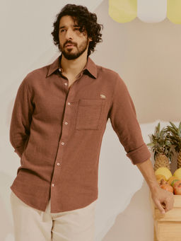 Andamen - Men Cotton Linen Embroidered Regular Fit Brown Shirt