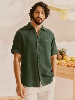 Andamen - Men Pure Cotton Dobby Regular Fit Olive Shirt