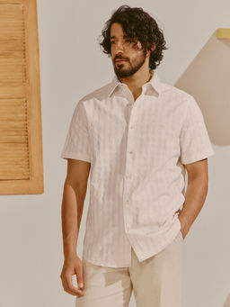 Andamen - Men Pure Cotton Dobby Embroidered Regular Fit Off White Shirt