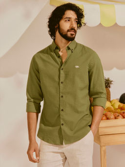 Andamen - Men Pure Cotton Seersucker Regular Fit Olive Shirt