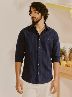 Andamen - Men Pure Cotton Dobby Slim Fit Navy Blue Shirt
