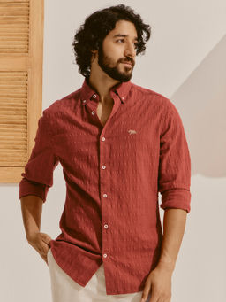 Andamen - Men Pure Cotton Dobby Regular Fit Rust Shirt