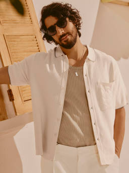 Andamen - Men Pure Cotton Moss Knit Structured Relaxed Fit Off White Shirt