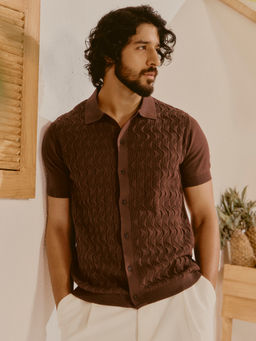 Andamen - Men Pure Cotton Transfer Knit Structured Regular Fit Brown Shirt