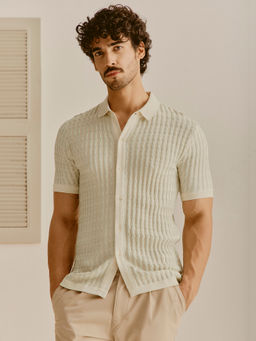 Andamen - Men Pure Cotton Transfer Knit Structured Regular Fit Off White Shirt