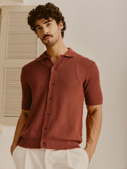 Andamen - Men Pure Cotton Pointelle Relaxed Fit Rust Shirt